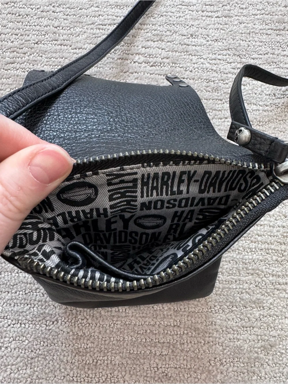 Harley-Davidson Black Leather Skull Fringe Crossbody 5x7” Bag Biker Gothic Rock